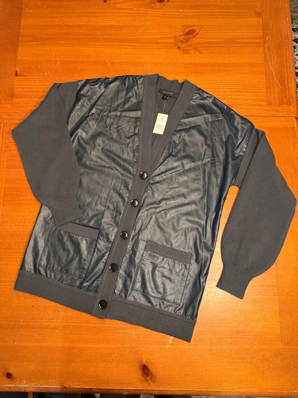 Ann Taylor Navy Blue Faux Leather Front Cardigan